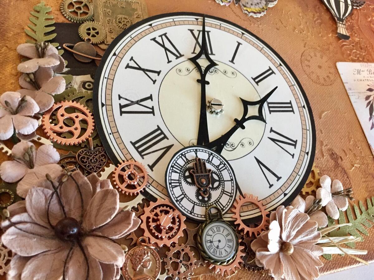Mixed-media assemblage with a clock face, gears and paper flowers